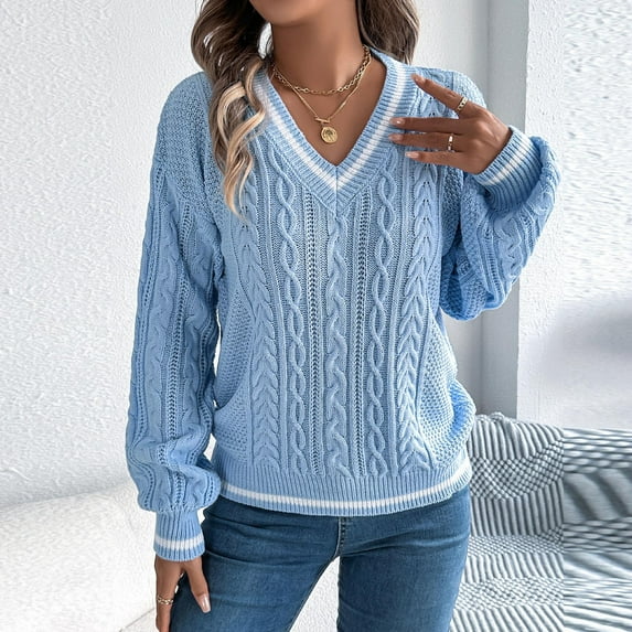 FDGIU Women's V Neck Sweater 2025 - Cable Knit Lantern Sleeve Pullover, Oversized Contrast Striped Top, Casual Fall Fashion Sweater