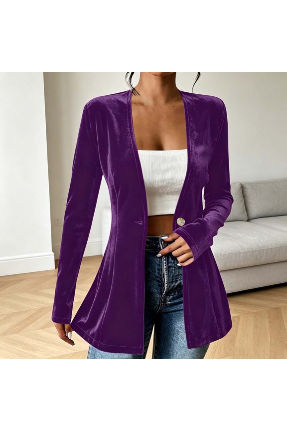 Women's V Neck Velvet Single Button Blazer Jacket, Long Sleeve Slim Flared Hem Casual Suit Coat for Spring Fall Office Daily Layering