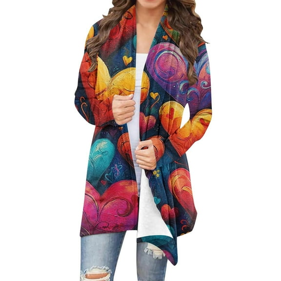 FDGIU Women's Valentine Cardigan - Cute Heart Print Open Front Long Sleeve Cover Up Dressy Outwear