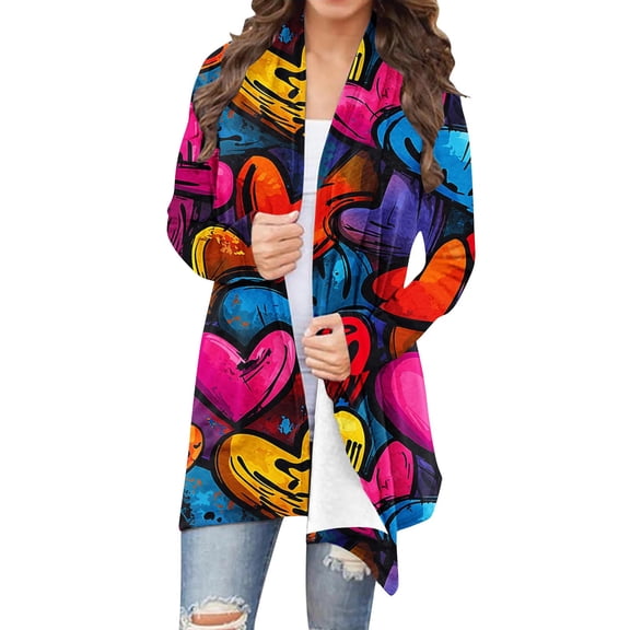 FDGIU ‌‌‌‌Women's Valentine Cardigan - Cute Heart Print Open Front Long Sleeve Cover Up Dressy Outwear