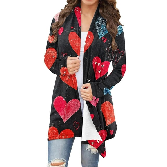 FDGIU Women's Valentine Cardigan - Cute Heart Print Open Front Long Sleeve Cover Up Dressy Outwear