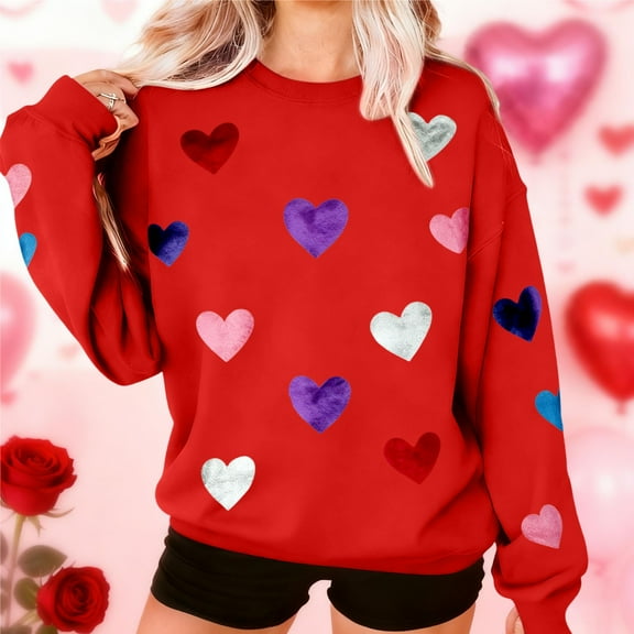FDGIU Women's Valentine Pullover Sweatshirt, Cozy Heart Print Long Sleeve Top for Valentine's Day & Comfortable Trendy Style