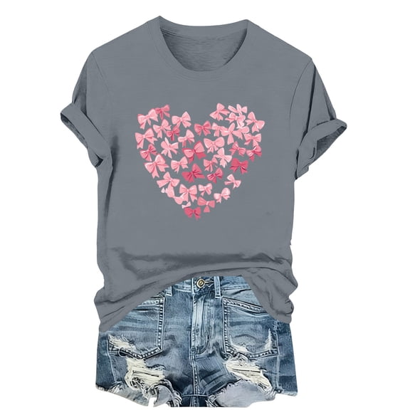 FDGIU Women's Valentine's Day Short Sleeve Shirt - Cute Heart Print Crew Neck Soft Casual Summer Top