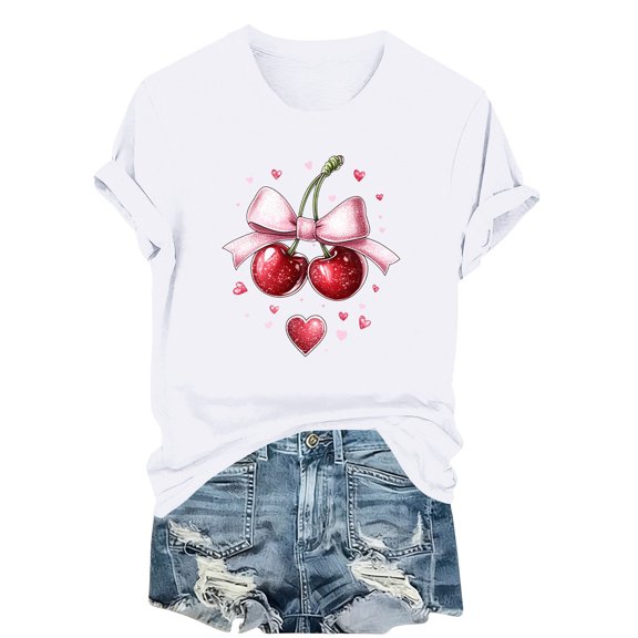 FDGIU Women's Valentine's Day Short Sleeve Shirt - Cute Heart Print Crew Neck Soft Casual Summer Top