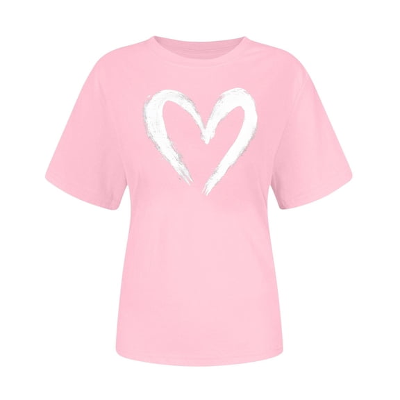 FDGIU Women's Valentine's Day Short Sleeve Shirt - Cute Heart Print Crew Neck Soft Casual Summer Top