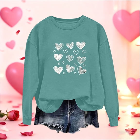 FDGIU ‌‌‌‌Women's Valentine's Day Sweatshirt, Love Heart Print Long Sleeve Crewneck Pullover for Casual Wear & Gift Giving