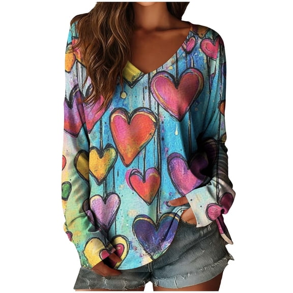 FDGIU ‌‌‌‌Women's Valentine's Day Tunic Top - Long Sleeve V-Neck Loose Fit Tee Watercolor Cute Heart Print Spring Fashion