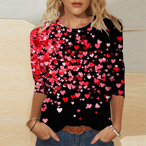 FDGIU ‌‌‌‌‌Women's Valentines Shirts - Trendy Cute Heart Print Tunic Tops with 3/4 Sleeve, Plus Size Casual Blouse