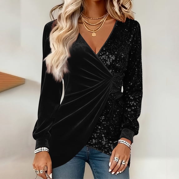 FDGIU Women's Velour V Neck Top - Long Sleeve Slim Fit Pullover Blouse for Fall Winter Holiday Party