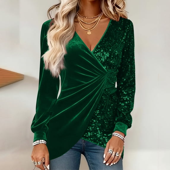 FDGIU Women's Velour V Neck Top - Long Sleeve Slim Fit Pullover Blouse for Fall Winter Holiday Party
