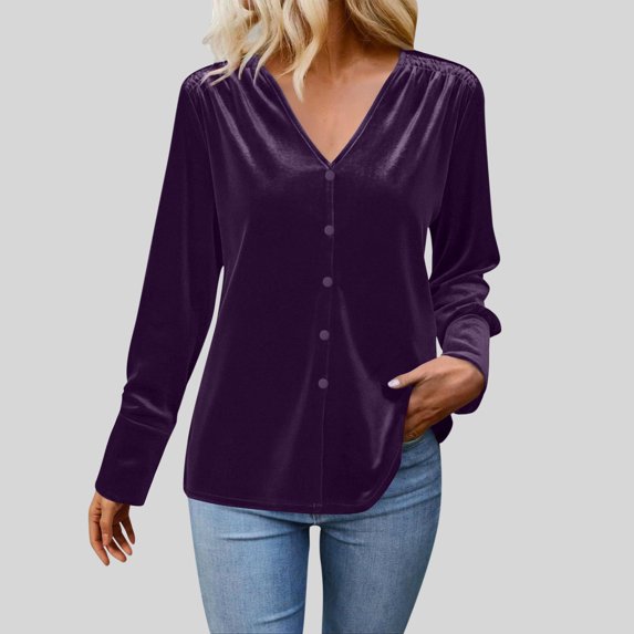 FDGIU Women's Velour V Neck Top - Long Sleeve Slim Fit Pullover Blouse for Fall Winter Holiday Party