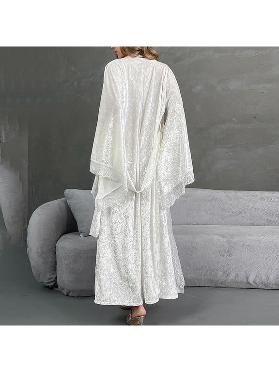 Women's Velvet Robe with Lace Patchwork, Soft Long Bathrobe, Cozy Length Sleepwear Nightgown