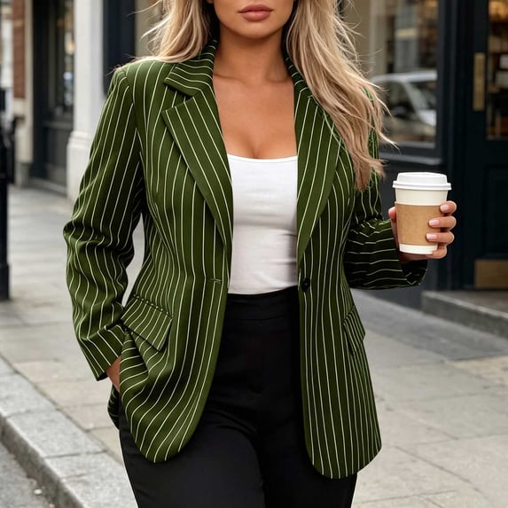 FDGIU Women's Vertical Pinstripe Single Button Blazer Jacket, Notched Lapel Long Sleeve Loose Fit Suit Coat with Flap Pockets for Office Business Casual Spring Fall Daily Layering