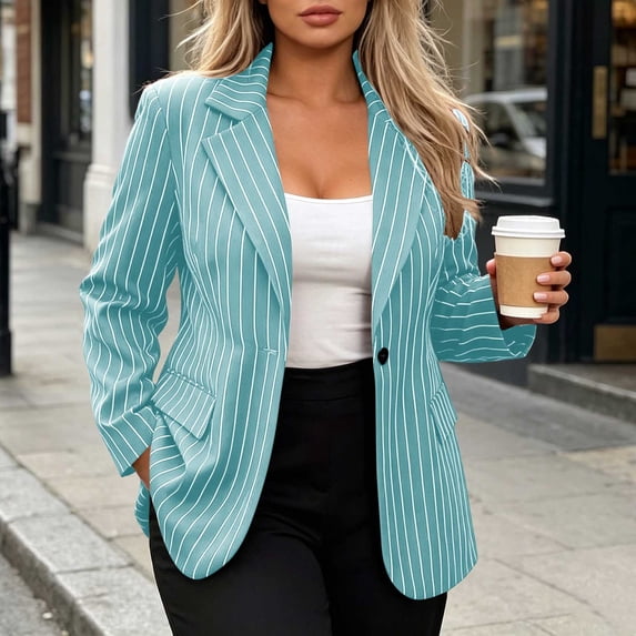 FDGIU Women's Vertical Pinstripe Single Button Blazer Jacket, Notched Lapel Long Sleeve Loose Fit Suit Coat with Flap Pockets for Office Business Casual Spring Fall Daily Layering