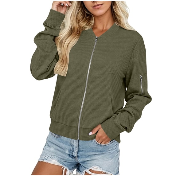 FDGIU Women's Waffle Knit Full Zip Jacket, Rib Cuff Long Sleeve Casual Sweatshirt Coat with Arm Zipper Pocket for Spring Fall Daily Lounge Layering