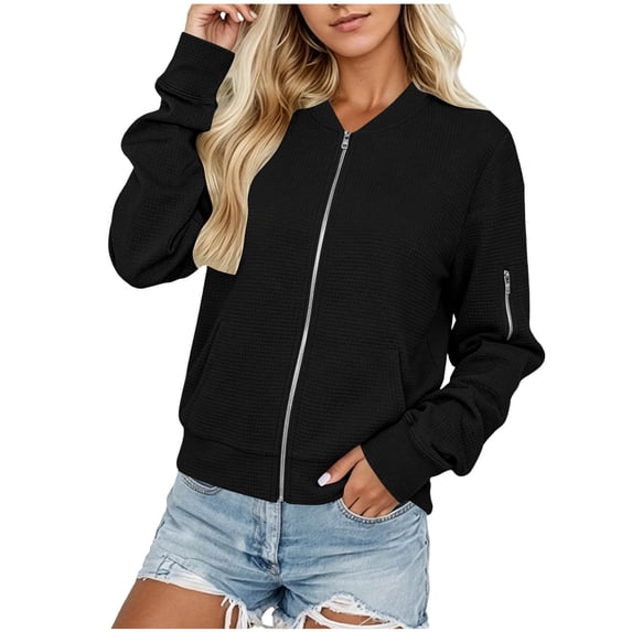 FDGIU Women's Waffle Knit Full Zip Jacket, Rib Cuff Long Sleeve Casual Sweatshirt Coat with Arm Zipper Pocket for Spring Fall Daily Lounge Layering