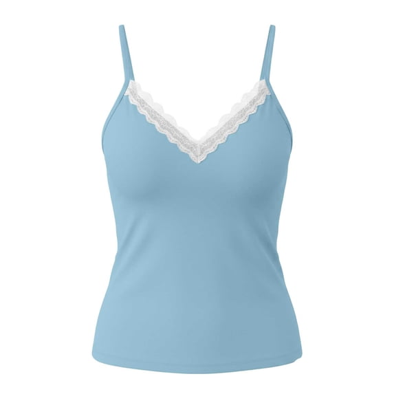 FDGIU Women's White Lace Trim V Neck Spaghetti Strap Camisole, Slim Fit Stretch Knit Sleeveless Layering Tank Top