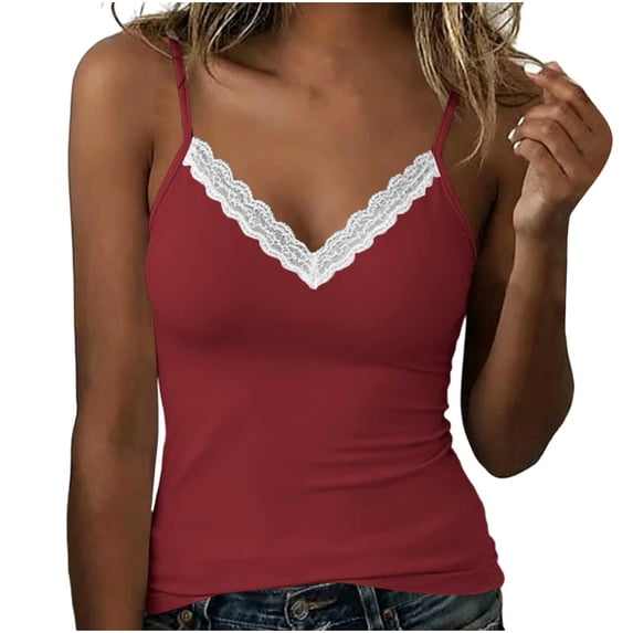 FDGIU Women's White Lace Trim V Neck Spaghetti Strap Camisole, Slim Fit Stretch Knit Sleeveless Layering Tank Top