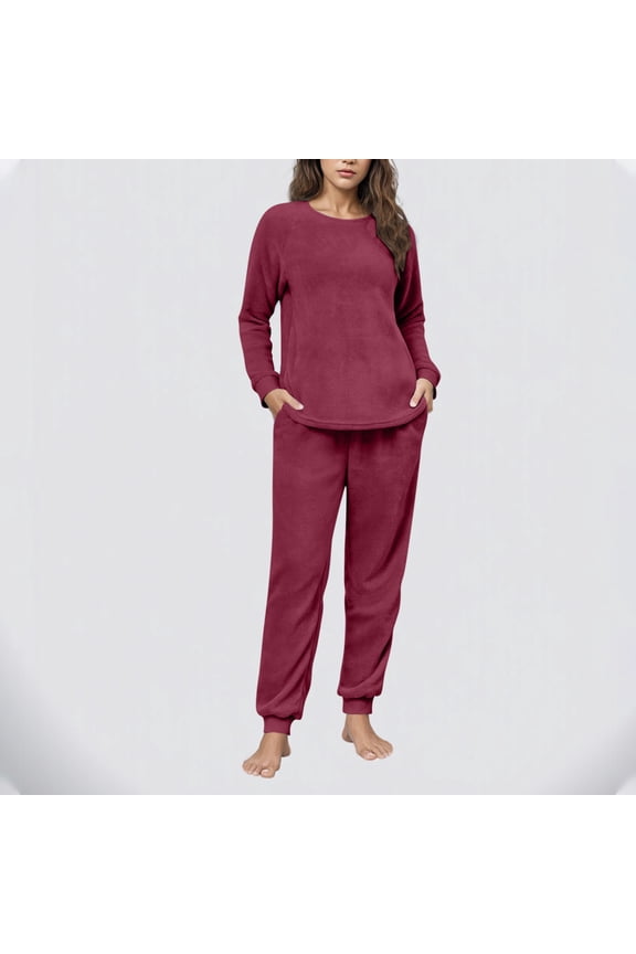 Women's Winter Fuzzy Pajamas Set, 2 Piece Cozy Fleece Sleepwear, Loungewear Long Sleeve Top with Pockets