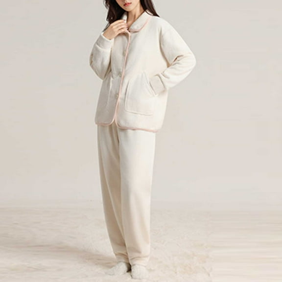 FDGIU Women's Winter Fuzzy Pajamas Set‌, 2 Piece Cozy Fleece Sleepwear, Loungewear Long Sleeve Top with Pockets