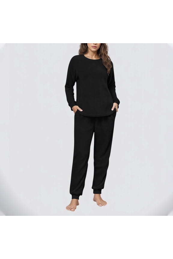 Women's Winter Fuzzy Pajamas Set, 2 Piece Cozy Fleece Sleepwear, Loungewear Long Sleeve Top with Pockets