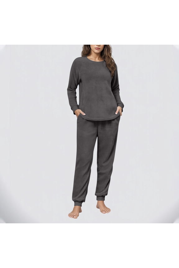 Women's Winter Fuzzy Pajamas Set‌, 2 Piece Cozy Fleece Sleepwear, Loungewear Long Sleeve Top with Pockets
