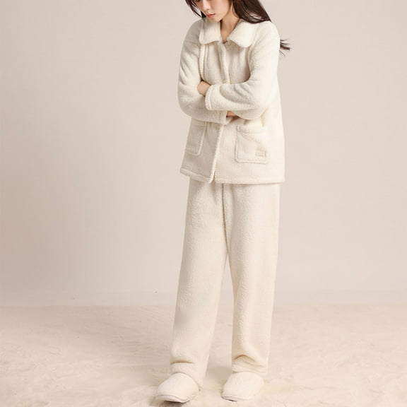 FDGIU Women's Winter Fuzzy Pajamas Set‌, 2 Piece Cozy Fleece Sleepwear, Loungewear Long Sleeve Top with Pockets