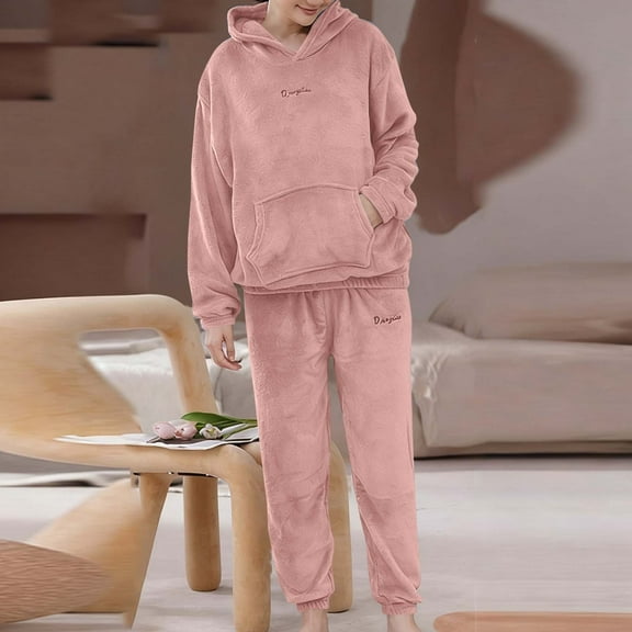 FDGIU Women's Winter Fuzzy Pajamas Set‌, 2 Piece Cozy Fleece Sleepwear, Loungewear Long Sleeve Top with Pockets