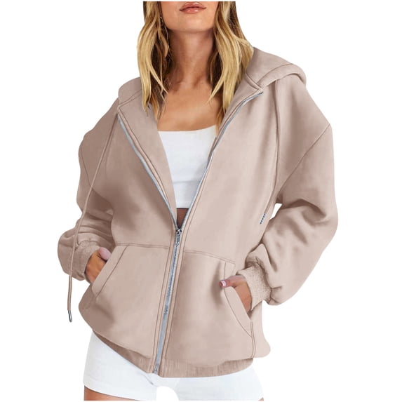 FDGIU Women's Zip Up Hoodies - Oversized Fleece Sweatshirt Lightweight Jacket, Long Sleeve Casual Pockets Pullover Plus Size Fall Winter Spring Fashion