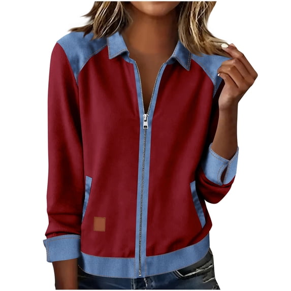 FDGIU Women's Zip Up Patchwork Shirt - Long Sleeve Denim Collar Blouse