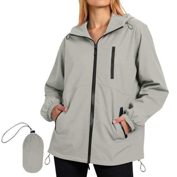 FDGIU Women's Zip Up Waterproof Rain Jacket with Hood - Lightweight Windbreaker for Outdoor Hiking, Casual Loose Fit with Pockets