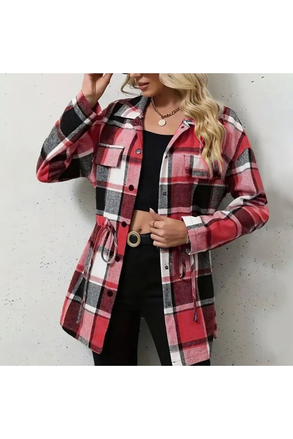 FDGIU Womens Plaid Shacket Jacket Long Sleeve Button-Up, Warm Flannel Shirt Coat for Fall Fashion & Winter Clothing