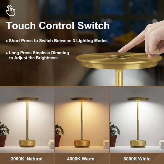 FDIDC 2 Pack Cordless Table Lamps Rechargeable, 5000mAh Portable LED Table Light, 3 Color Stepless Dimming Battery Powered Table Lamp, for /Restaurant/Home/Outdoor.(Brushed Gold)