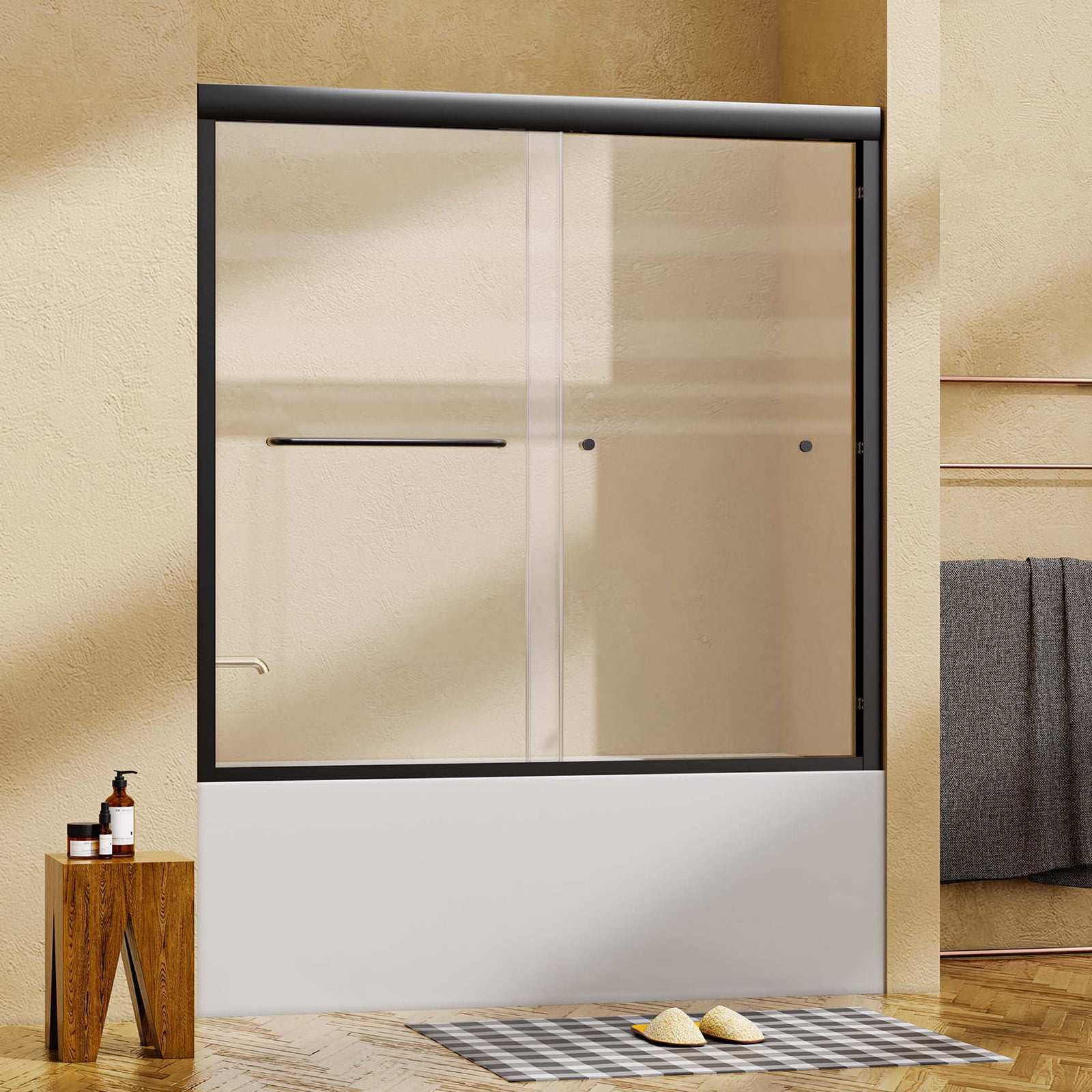 FDIDY 56"-60"W x 58"H Semi-Frameless Bathtub Shower Door, Matte Black Double Sliding Bypass Tub Door, 1/4" (6mm) Thick SGCC Tempered Glass with Explosion-Proof Film