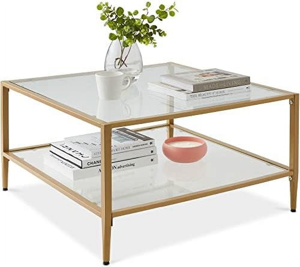 Elegant Gold 35" Square 2-Tier Glass Coffee Table