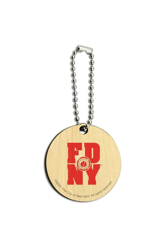 FDNY Stacked Wood Wooden Round Keychain Key Chain Ring