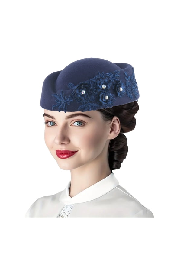 Women Vintage Church Hats Flower Applique Felt Pillbox Hats Fascinator Tea Party Caps Beret Hats for Women British Felt Hat Church Derby Headdress Floral Hat Suitable for Wedding Parties Events