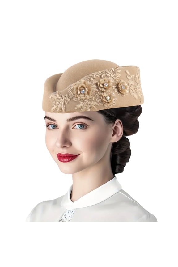 Women Vintage Church Hats Flower Applique Felt Pillbox Hats Fascinator Tea Party Caps Beret Hats for Women British Felt Hat Church Derby Headdress Floral Hat Suitable for Wedding Parties Events