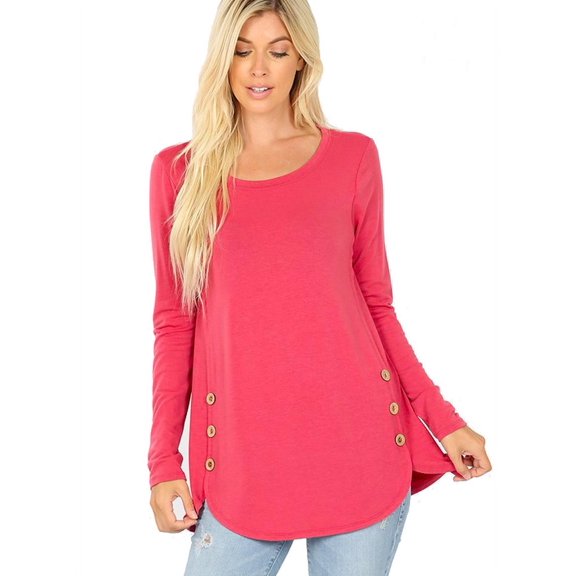 FDPlus Long Sleeve Scoop Neck w/Accent Buttons Dolphin Hem Top