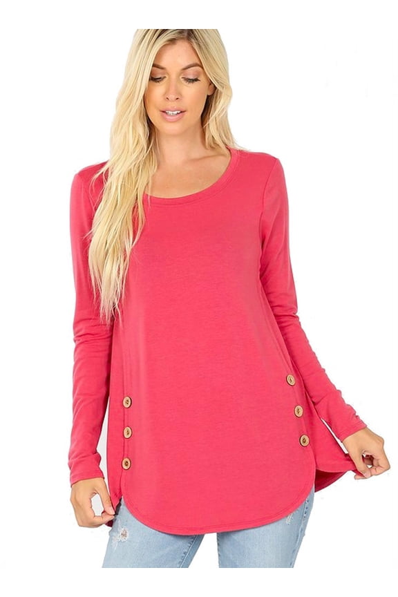 Long Sleeve Scoop Neck w/Accent Buttons Dolphin Hem Top