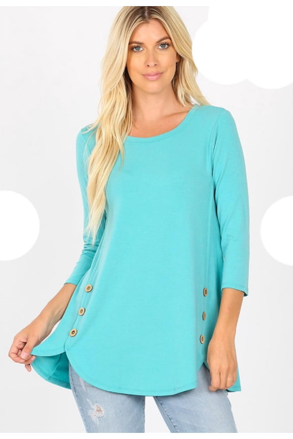 Long Sleeve Scoop Neck w/Accent Buttons Dolphin Hem Top