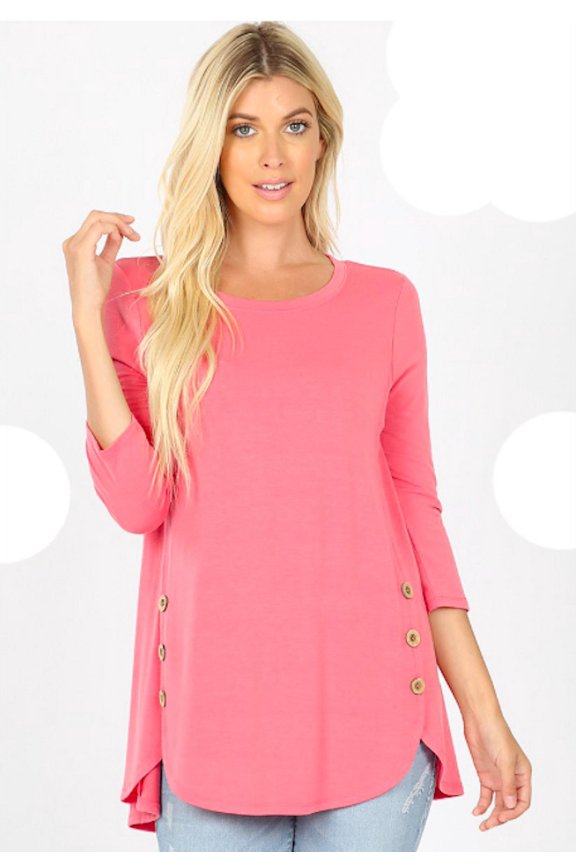 Long Sleeve Scoop Neck w/Accent Buttons Dolphin Hem Top