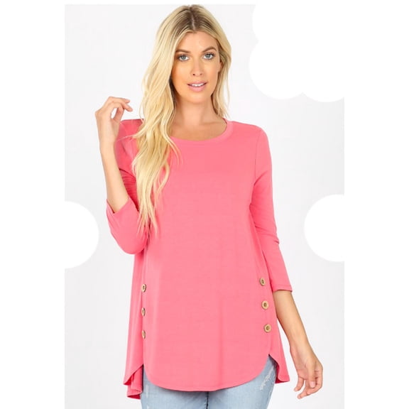 FDPlus Long Sleeve Scoop Neck w/Accent Buttons Dolphin Hem Top