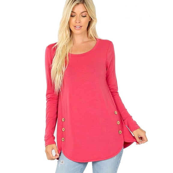 FDPlus Plus Size Long Sleeve Scoop X-Long Accent Buttons Dolphin Hem Top