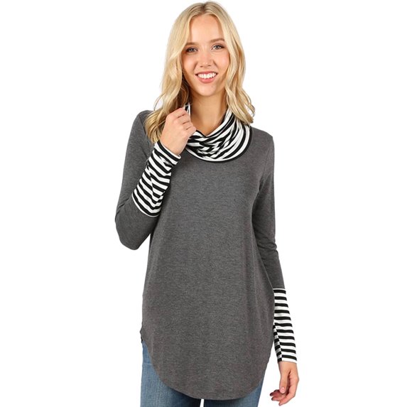 FDPlus Striped & Solid Contrast Turtle Neck Top Plus Size