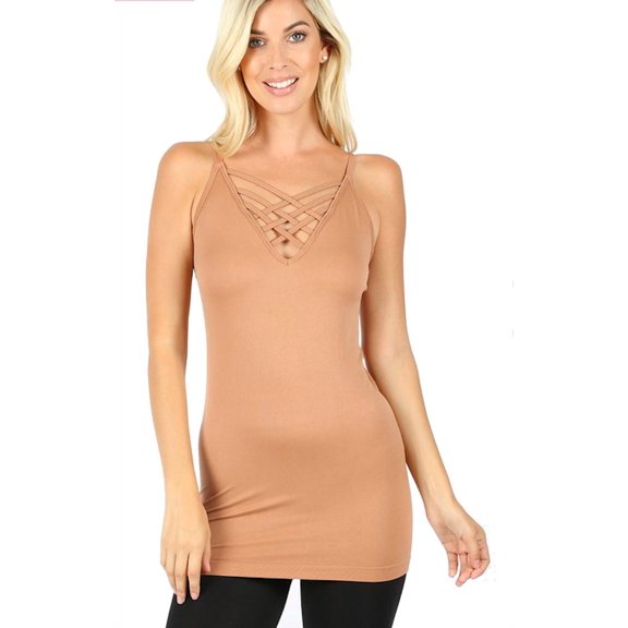 FDPlus Women's Criss Cross Caged Thin Strap Long Tank Top Cami Shirt PLUS SIZE