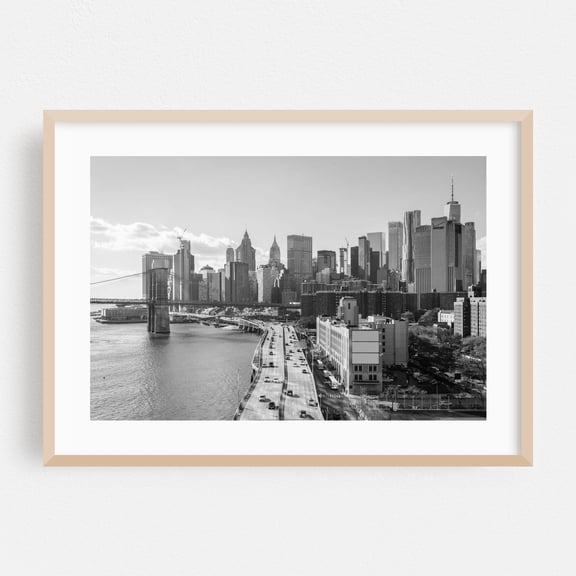 Over FDR 02 B&W - Manhattan New York Photography Black and White City Skyline Architecture Bridge Travel Poster Oak Framed Wall Art Print 5 x 7 inches