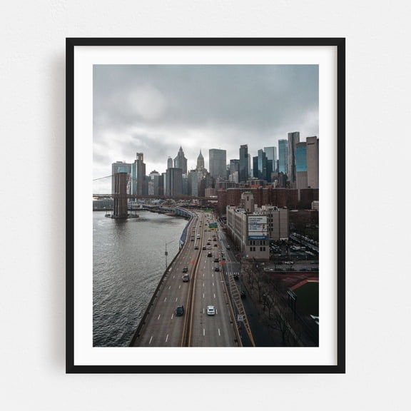 FDR Drive from Manhattan Bridge - Manhattan New York Photography Cityscape Skyline Bridge Architecture Water Travel Poster Black Framed Wall Art Print 9 x 12 inches