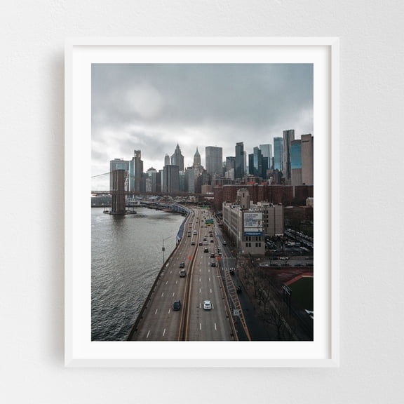 FDR Drive from Manhattan Bridge - Manhattan New York Photography Cityscape Skyline Bridge Architecture Water Travel Poster White Framed Wall Art Print 11 x 14 inches