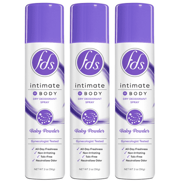 FDS Intimate + Body Dry Feminine Deodorant Spray, Baby Powder, 3 Pack